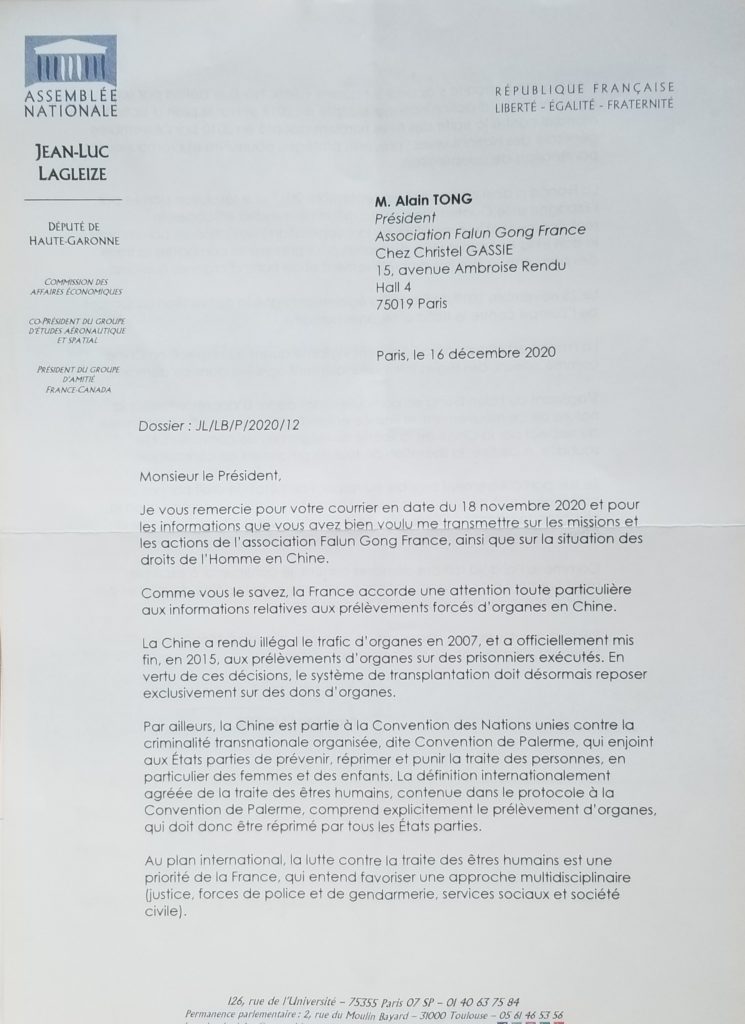 lettre de Jean-Luc Lagleize à l'association Falun Gong France