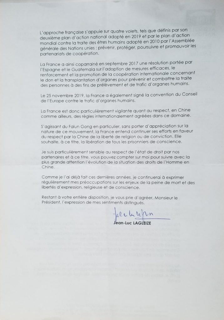 lettre de Jean-Luc Lagleize à l'association Falun Gong France