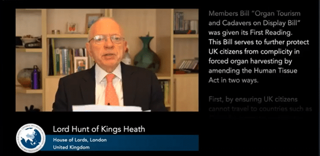 Lord Hunt a fait pression pour que soit adoptée une loi empêchant les citoyens du Royaume-Uni de se rendre dans des pays qui ne disposent pas de systèmes de transplantation d'organes transparents (webinaire du 19 septembre).