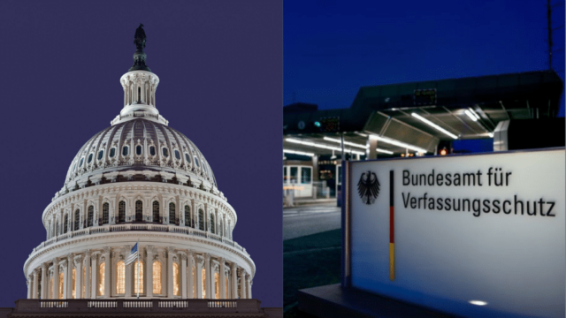 À gauche : le dôme du Capitole des États-Unis. (Domaine public)
À droite : l’entrée de l’Office fédéral allemand de protection de la Constitution (BfV), à Cologne. (BfV)